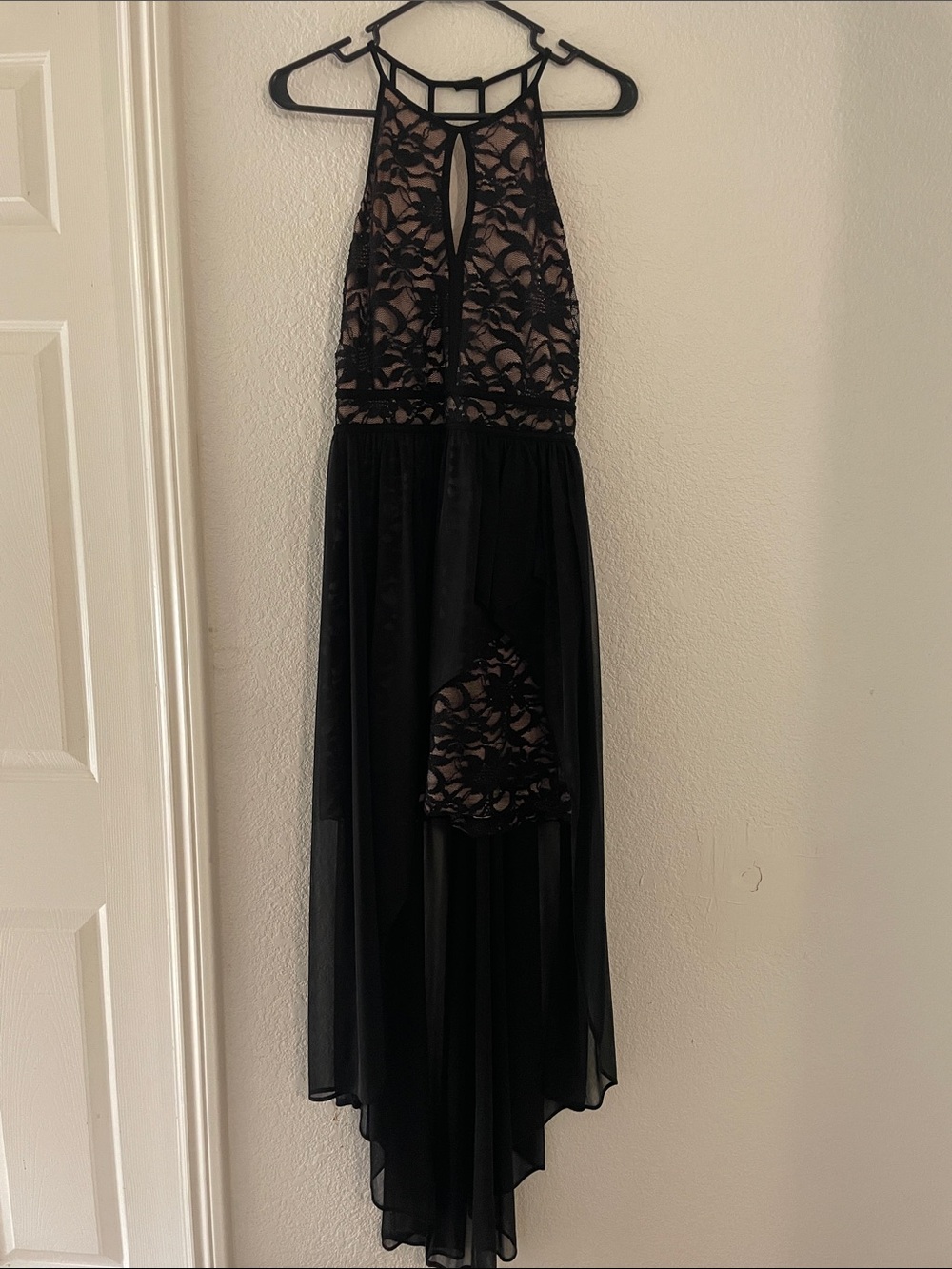 Morgan & Co. Black Lace High-Low Halter Dress